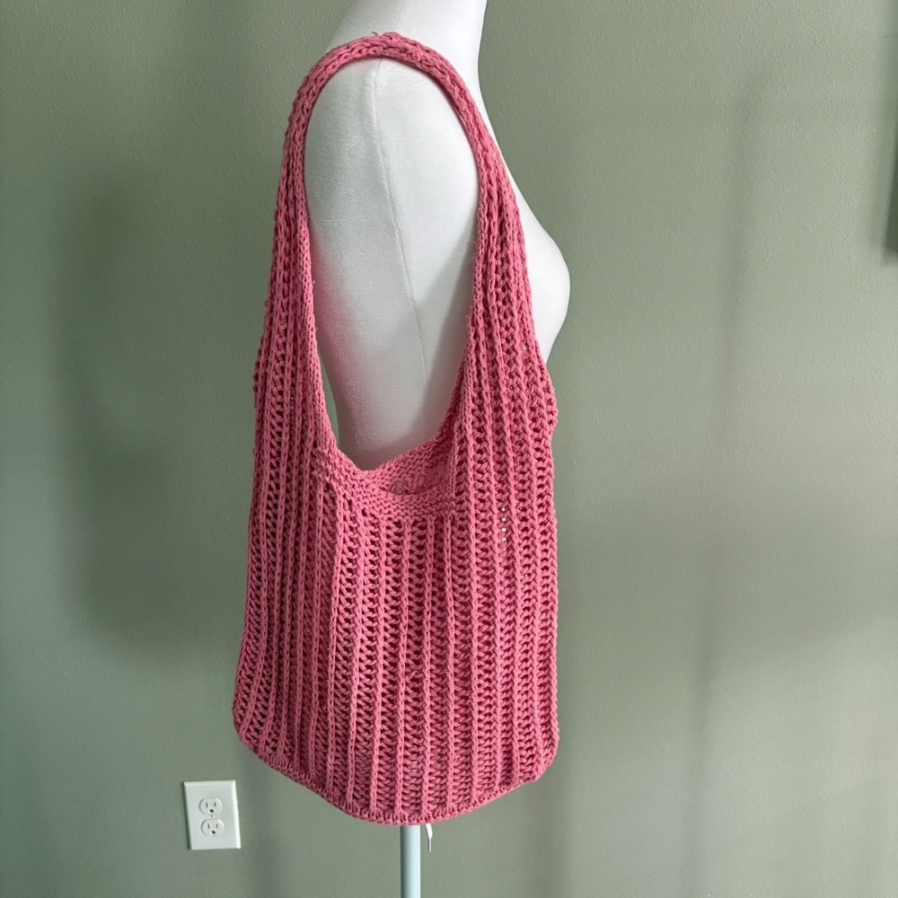 Handmade Pink Crochet Tote Bag Mesh Knit Eco Reusable Market Bag 14x14 Inches